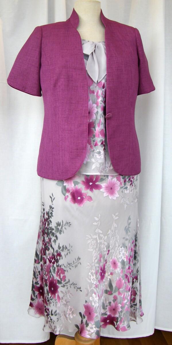 jacques vert “JEWEL” RANGE 45% SILK DEVORE SKIRT & TOP PEARL GREY & CERISE PRINT & CERISE WOVEN JACKET