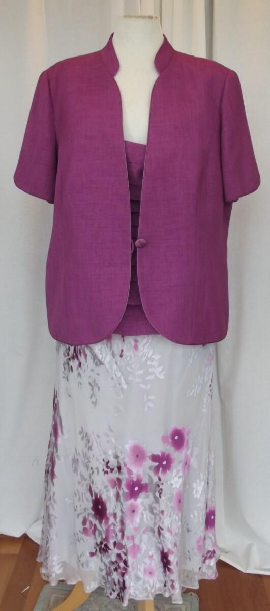 jacques vert JEWEL RANGE PEARL GREY 45% SILK CERISE DEVORE SKIRT & TOP CERISE JACKET MATCHING CERISE PLEATED TOP