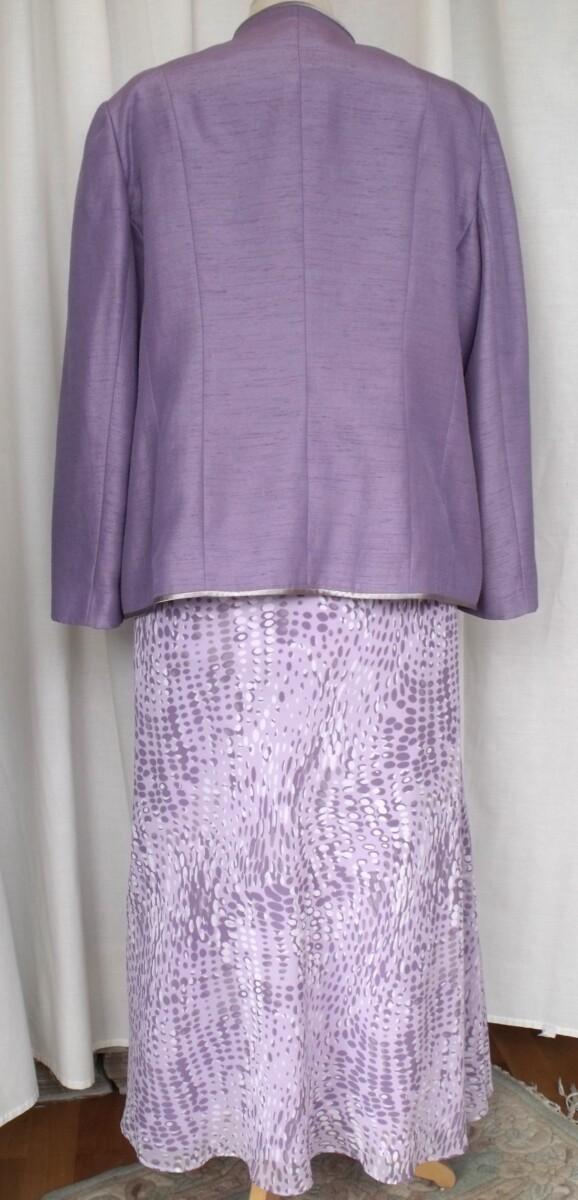 Jacques Vert LAVENDER & LACE RANGE LAVENDER CHIFFON RANDOM SPOT SKIRT & TOP LAVENDER CHEVRON SHANTUNG JACKET PEBBLE SILK EDGING