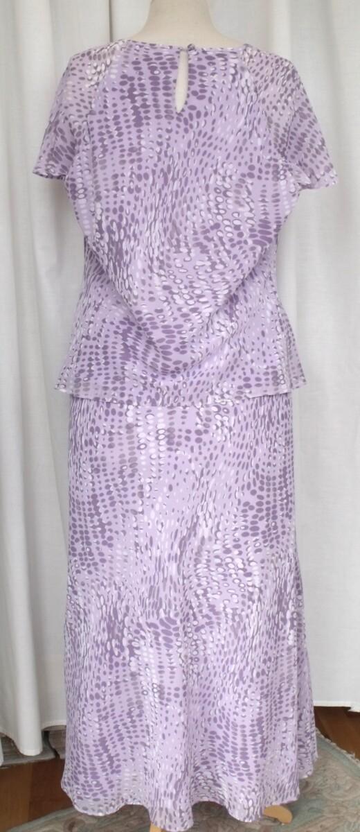 Jacques Vert LAVENDER & LACE RANGE LAVENDER CHIFFON RANDOM SPOT SKIRT & TOP LAVENDER CHEVRON SHANTUNG JACKET PEBBLE SILK EDGING