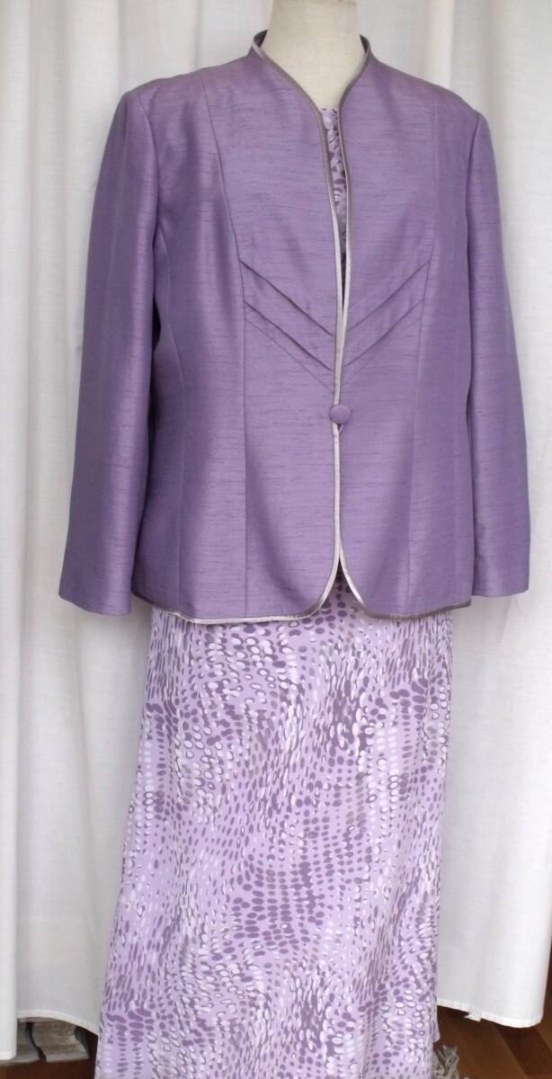 jacques vert LAVENDER & LACE RANGE LAVENDER CHIFFON RANDOM SPOT SKIRT & TOP LAVENDER CHEVRON SHANTUNG JACKET PEBBLE SILK EDGING