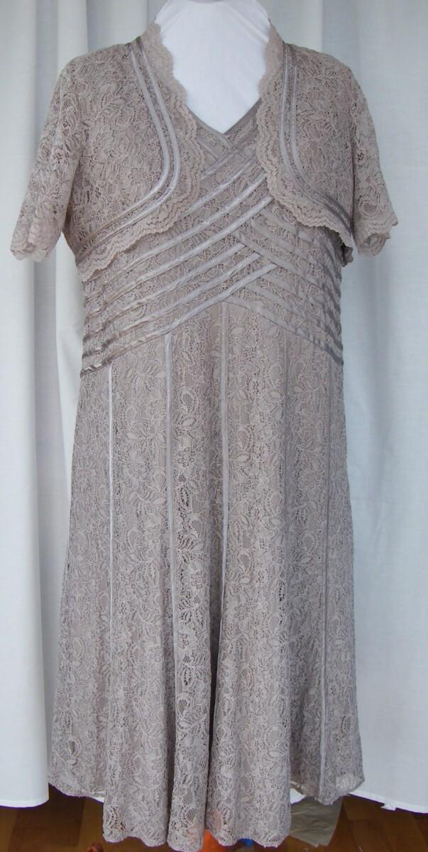 jacques vert LAVENDER & LACE RANGE TAUPE LACE & RIBBON DRESS & MATCHING TAUPE LACE SHRUG