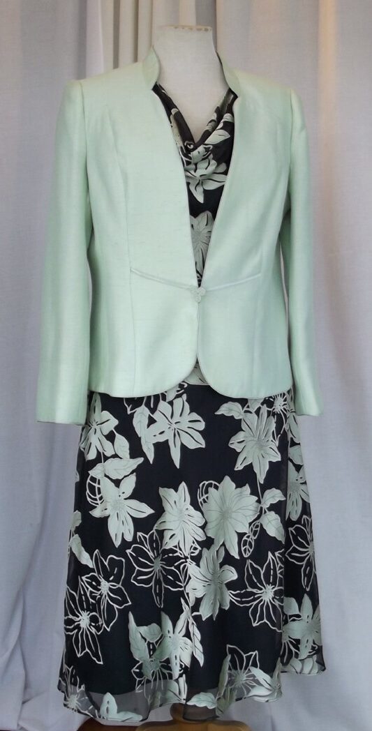jacques vert LEAF & ACORN RANGE ACORN GREEN CHIFFON DRESS LEAF GREEN FLORAL DEVORE & LEAF GREEN WOVEN JACKET