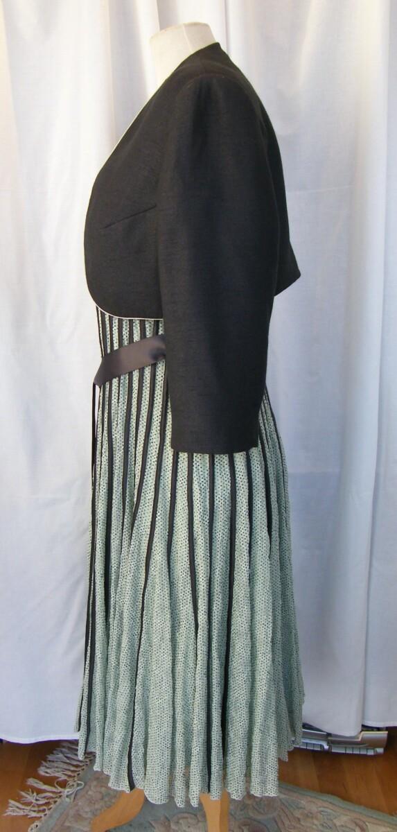 Jacques Vert LEAF & ACORN RANGE LEAF GREEN STRETCH LACE DRESS ACORN GREEN DOTS & VERTICAL SILK RIBBON BANDS & ACORN GREEN WOVEN BOLERO