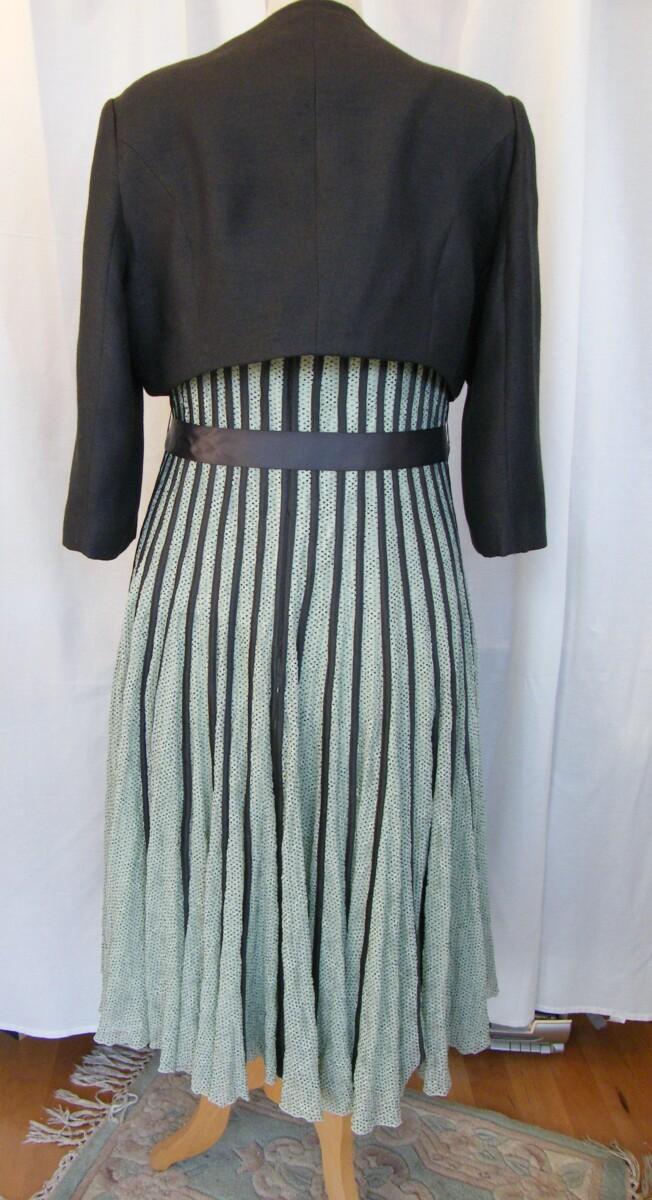 Jacques Vert LEAF & ACORN RANGE LEAF GREEN STRETCH LACE DRESS ACORN GREEN DOTS & VERTICAL SILK RIBBON BANDS & ACORN GREEN WOVEN BOLERO