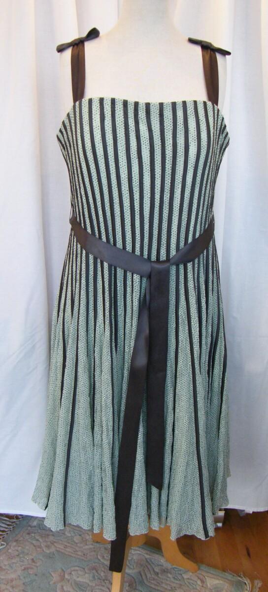 Jacques Vert LEAF & ACORN RANGE LEAF GREEN STRETCH LACE DRESS ACORN GREEN DOTS & VERTICAL SILK RIBBON BANDS & ACORN GREEN WOVEN BOLERO