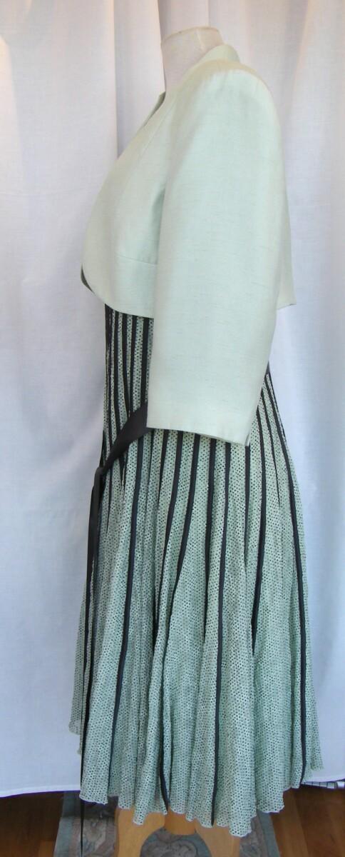 Jacques Vert LEAF & ACORN RANGE LEAF GREEN STRETCH LACE DRESS ACORN GREEN DOTS & VERTICAL SILK RIBBON BANDS & LEAF GREEN WOVEN BOLERO