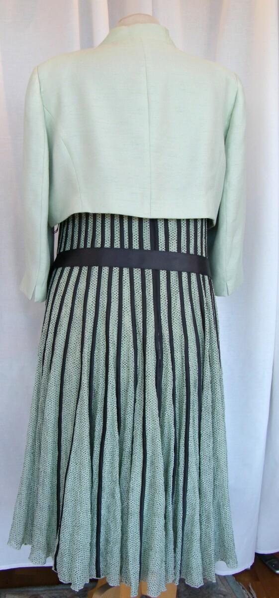 Jacques Vert LEAF & ACORN RANGE LEAF GREEN STRETCH LACE DRESS ACORN GREEN DOTS & VERTICAL SILK RIBBON BANDS & LEAF GREEN WOVEN BOLERO