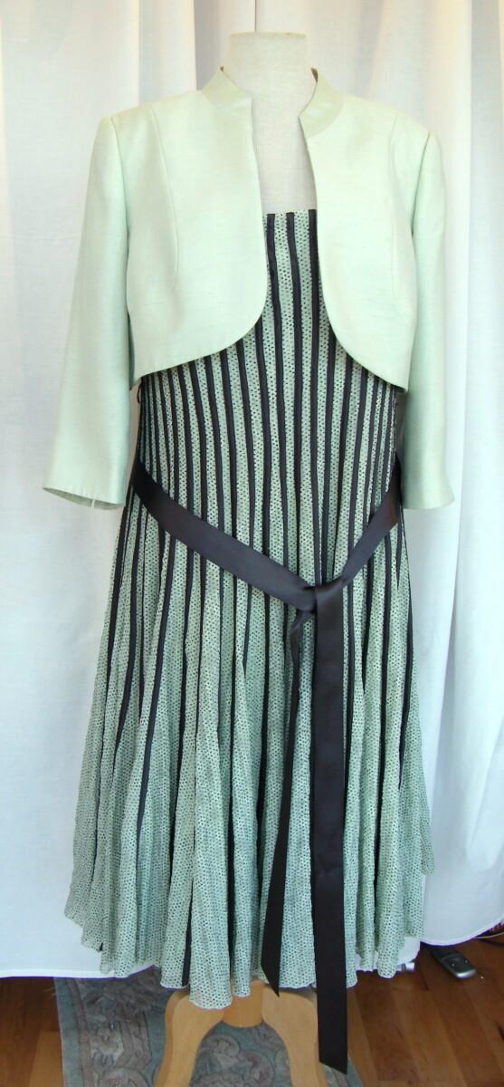 jacques vert LEAF & ACORN RANGE LEAF GREEN STRETCH LACE DRESS ACORN GREEN DOTS & VERTICAL SILK RIBBON BANDS & LEAF GREEN WOVEN BOLERO