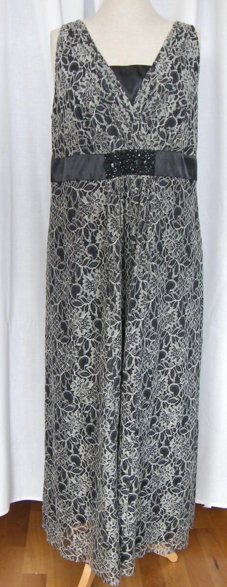Jacques Vert LEAF & ACORN RANGE SILVER LACE MAXI DRESS BEADED AT WAISTBAND ACORN GREEN WOVEN BOLERO EDGED WITH LEAF GREEN