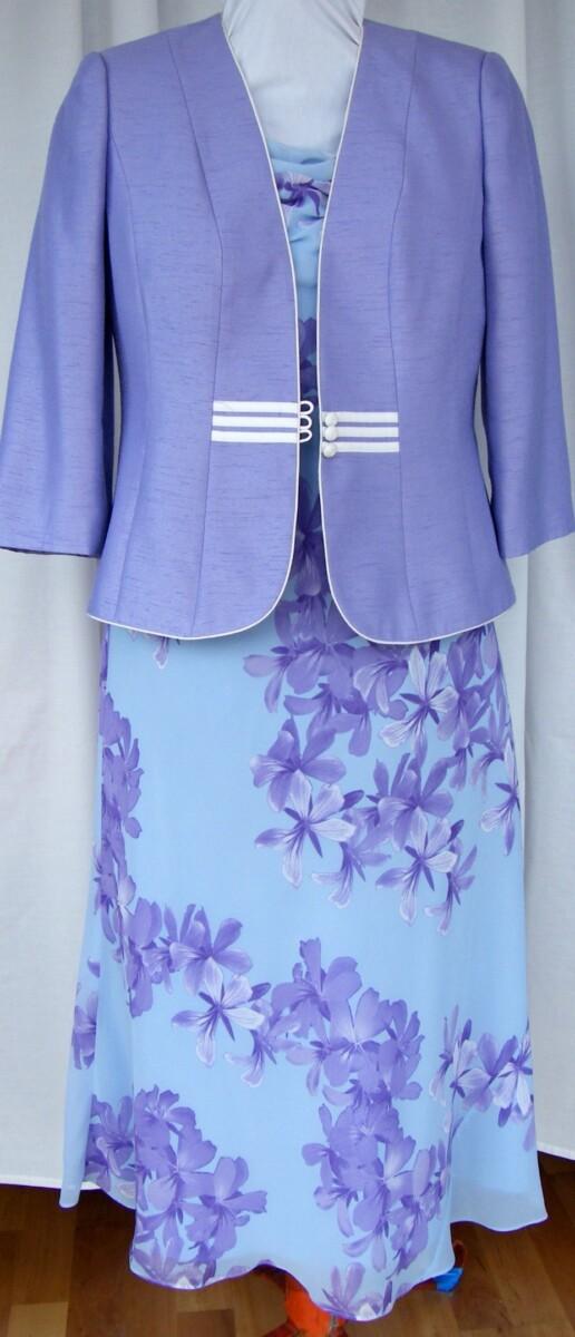 jacques vert LIGHT CORNFLOWER RANGE BLUE CHIFFON DRESS LILAC HIBISCUS PRINT & LILAC SHANTUNG JACKET