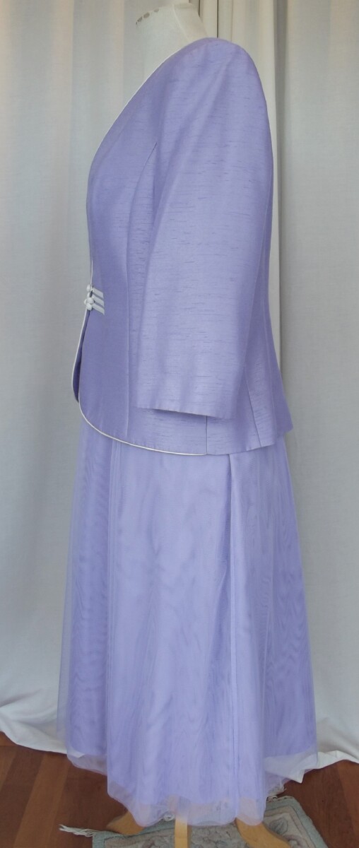 Jacques Vert LIGHT CORNFLOWER RANGE LILAC NET SHIMMER PROM DRESS LILAC LACE BODICE & LILAC SHANTUNG JACKET