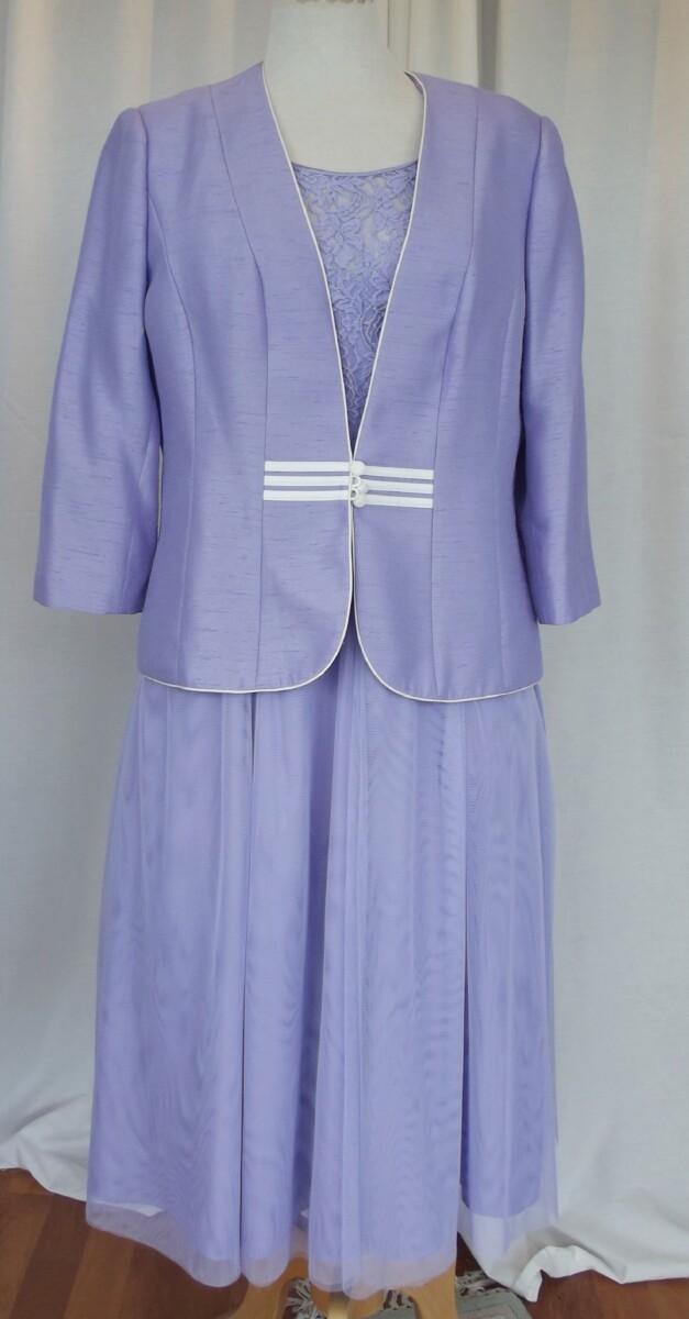 jacques vert LIGHT CORNFLOWER RANGE LILAC NET SHIMMER PROM DRESS LILAC LACE BODICE & LILAC SHANTUNG JACKET