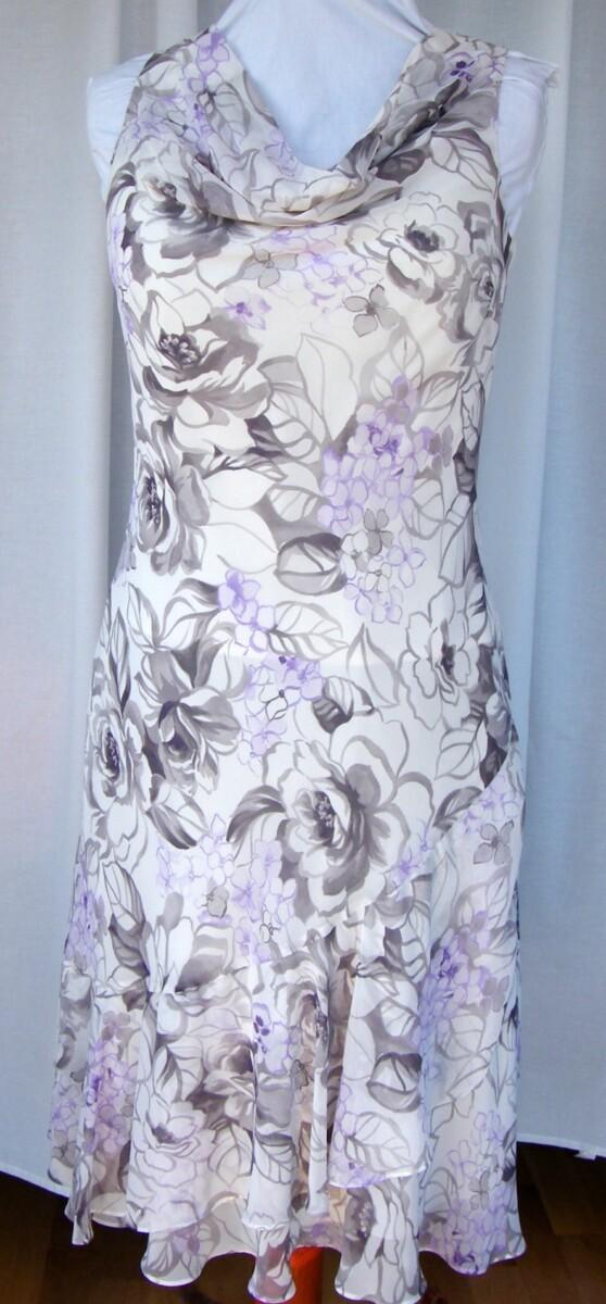 Jacques Vert LILAC HAZE RANGE IVORY ORGANZA CHIFFON DRESS MAUVE & LILAC FLORAL PRINT MATCHING LILAC SHANTUNG NOTCH NECK SHORT JACKET