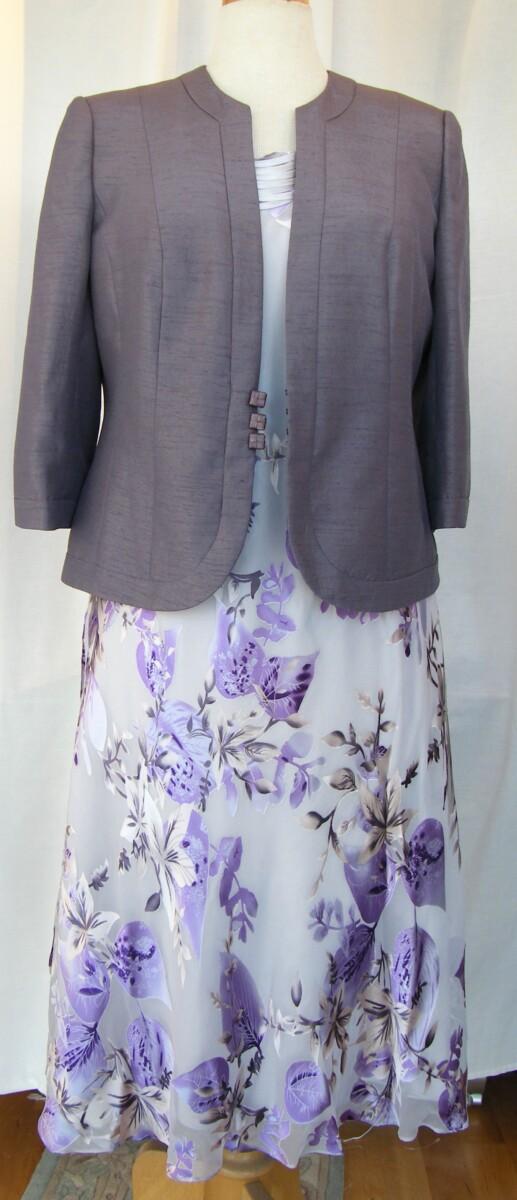 jacques vert LILAC HAZE RANGE SILK DEVORE DRESS IN VIOLET & GREY & MAUVE SHANTUNG JACKET