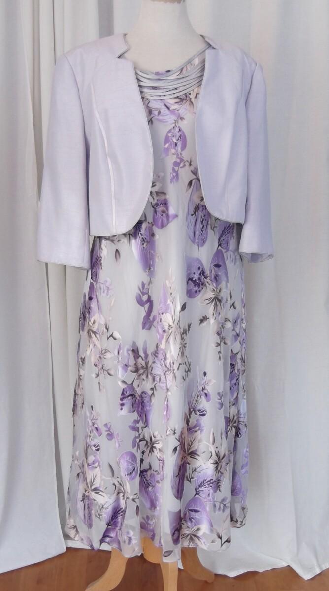 jacques vert LILAC HAZE RANGE SILK DEVORE DRESS IN VIOLET & GREY & LILAC NOTCH NECK SHANTUNG SHORT JACKET
