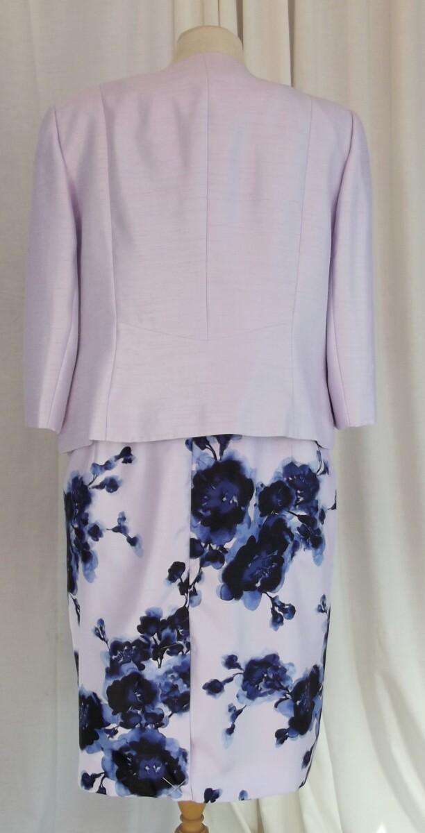 Jacques Vert LILAC SHANTUNG SHIFT DRESS BLUE FLORAL PRINT MATCHING LILAC SHANTUNG JACKET