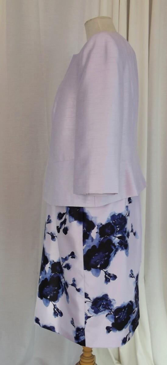 Jacques Vert LILAC SHANTUNG SHIFT DRESS BLUE FLORAL PRINT MATCHING LILAC SHANTUNG JACKET