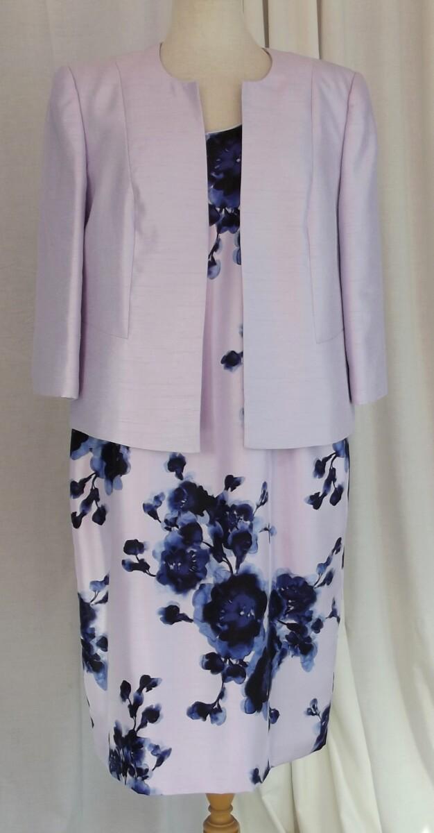 jacques vert LILAC SHANTUNG SHIFT DRESS BLUE FLORAL PRINT MATCHING LILAC SHANTUNG JACKET
