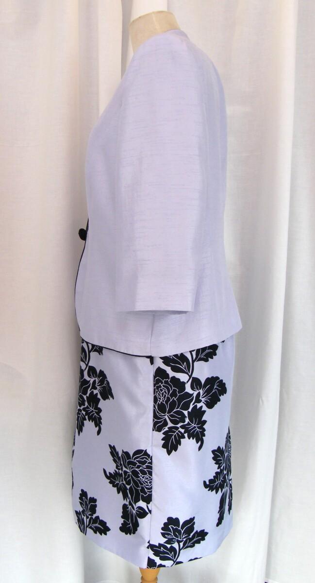 Jacques Vert LILAC SHANTUNG SHIFT DRESS NAVY ROSE HEAD PRINT & LILAC SHANTUNG JACKET NAVY PIPING