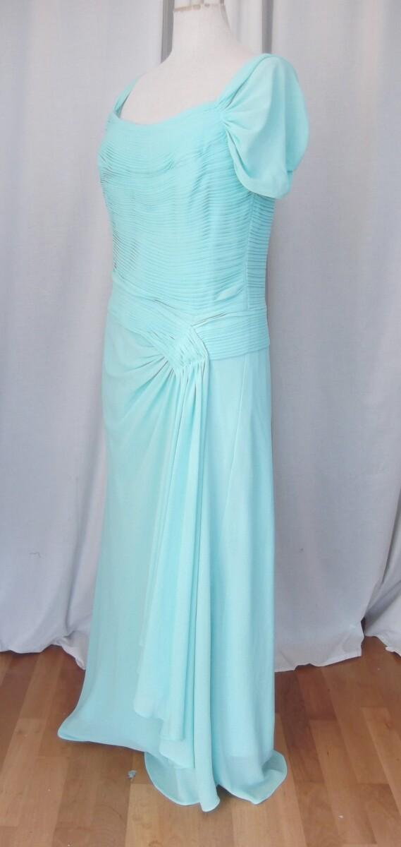 Jacques Vert LORCAN MULLANY BRIGHT BLUE/ AQUA CREPE CHIFFON FLOOR LENGTH EVENING GOWN RUCHED BODICE ON OR OFF THE SHOULDER