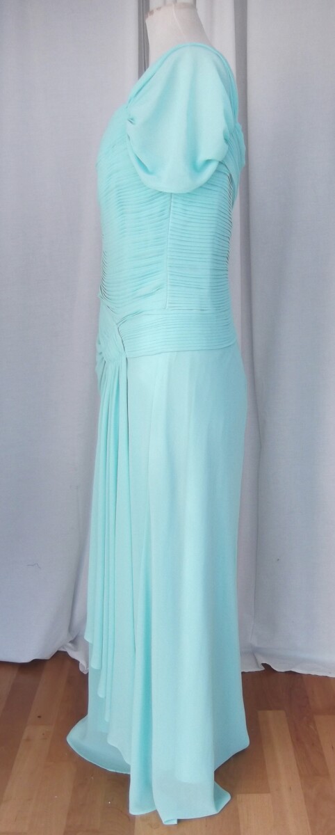 Jacques Vert LORCAN MULLANY BRIGHT BLUE/ AQUA CREPE CHIFFON FLOOR LENGTH EVENING GOWN RUCHED BODICE ON OR OFF THE SHOULDER