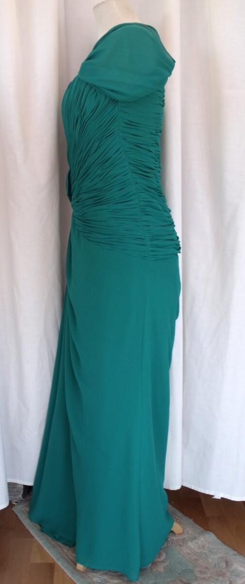 Jacques Vert LORCAN MULLANY EMERALD GREEN CREPE FLOOR RUCHED BODICE EVENING GOWN ON OR OFF THE SHOULDER