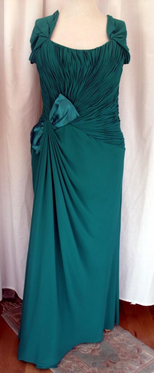 jacques vert LORCAN MULLANY EMERALD GREEN CREPE FLOOR RUCHED BODICE EVENING GOWN ON OR OFF THE SHOULDER