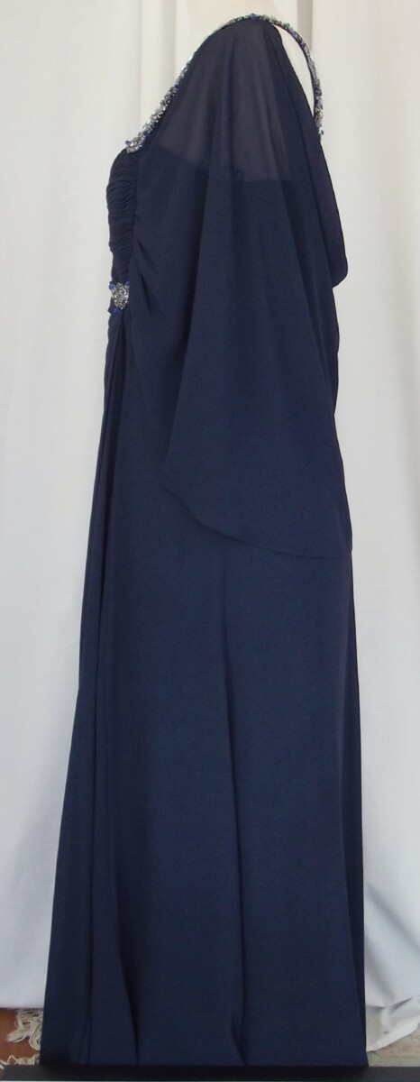 Jacques Vert LORCAN MULLANY NAVY BLUE CREPE FLOOR LENGTH EVENING GOWN BEJEWELED STRAPS & CREPE CHIFFON FIXED CAPE