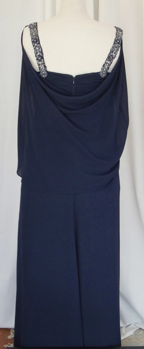 Jacques Vert LORCAN MULLANY NAVY BLUE CREPE FLOOR LENGTH EVENING GOWN BEJEWELED STRAPS & CREPE CHIFFON FIXED CAPE