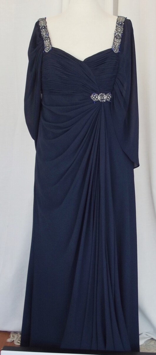 jacques vert LORCAN MULLANY NAVY BLUE CREPE FLOOR LENGTH EVENING GOWN BEJEWELED STRAPS & CREPE CHIFFON FIXED CAPE