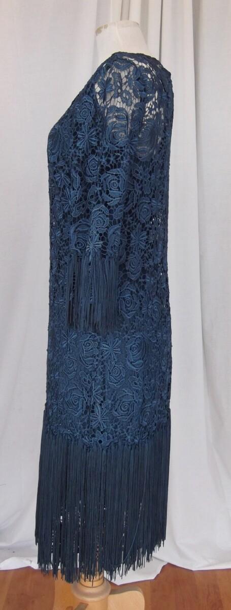 Jacques Vert LORCAN MULLANY PRUSSION BLUE OPULENT LACE SLEEVED DRESS ” GATSBY” DEEP FRINGE FROM KNEES AND ELBOWS