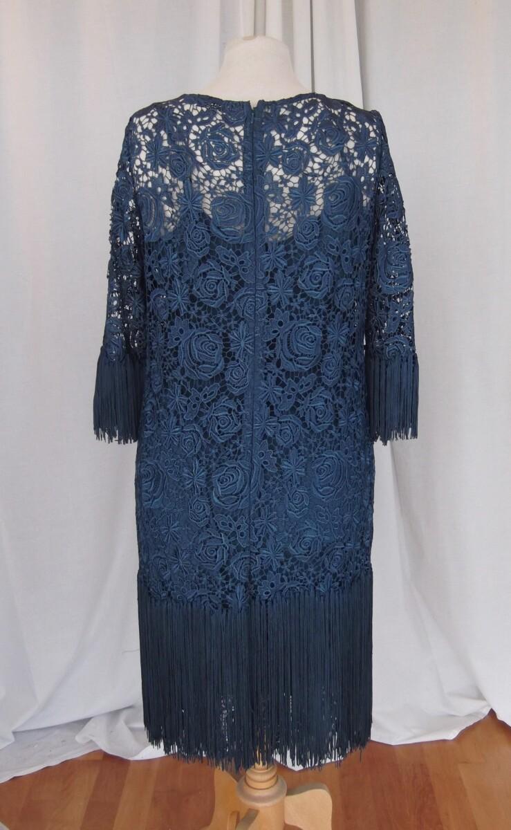 Jacques Vert LORCAN MULLANY PRUSSION BLUE OPULENT LACE SLEEVED DRESS ” GATSBY” DEEP FRINGE FROM KNEES AND ELBOWS