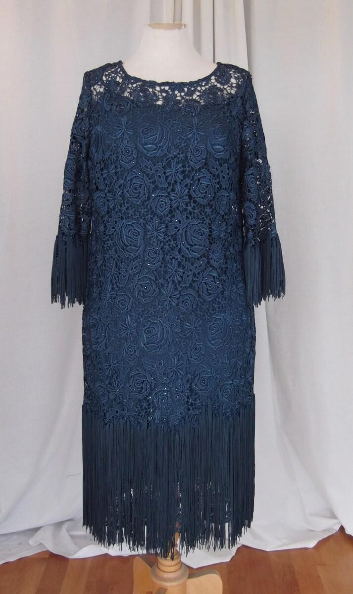 jacques vert LORCAN MULLANY PRUSSION BLUE OPULENT LACE SLEEVED DRESS ” GATSBY” DEEP FRINGE FROM KNEES AND ELBOWS