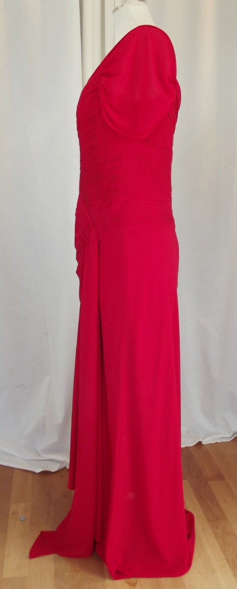 Jacques Vert LORCAN MULLANY SCARLET RED CREPE CHIFFON FLOOR LENGTH EVENING GOWN RUCHED BODICE ON OR OFF THE SHOULDER