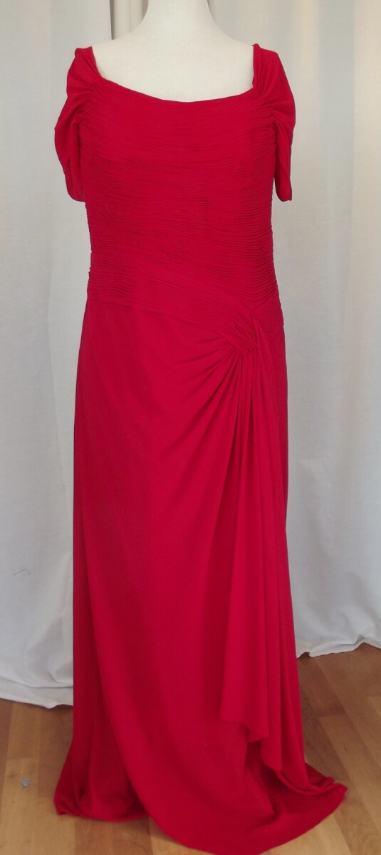 jacques vert LORCAN MULLANY SCARLET RED CREPE CHIFFON FLOOR LENGTH EVENING GOWN RUCHED BODICE ON OR OFF THE SHOULDER