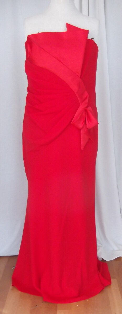 jacques vert LORCAN MULLANY SCARLET RED STRAPLESS SATIN & CREPE FLOOR LENGTH EVENING GOWN