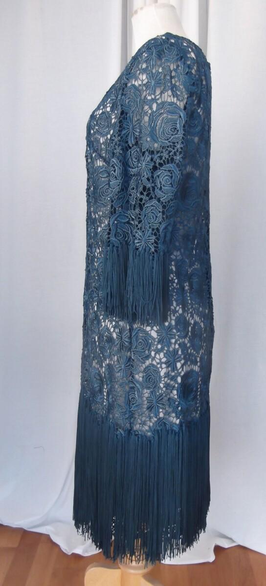 Jacques Vert LORCAN MULLANY SEA GREEN OPULENT LACE SLEEVED DRESS ” GATSBY” DEEP FRINGE FROM KNEES AND ELBOWS