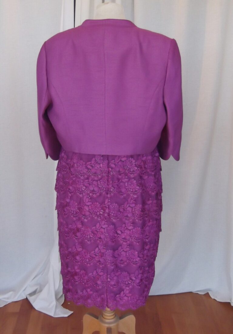 Jacques Vert MAGENTA WATERFALL LACE SHIFT DRESS PLEATED SATIN WAISTBAND & MAGENTA WOVEN SHORT JACKET