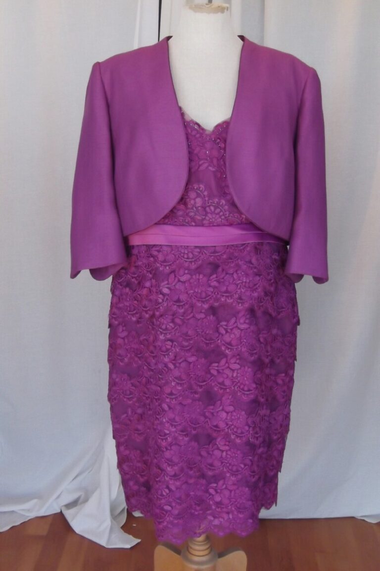 jacques vert MAGENTA WATERFALL LACE SHIFT DRESS PLEATED SATIN WAISTBAND & MAGENTA WOVEN SHORT JACKET