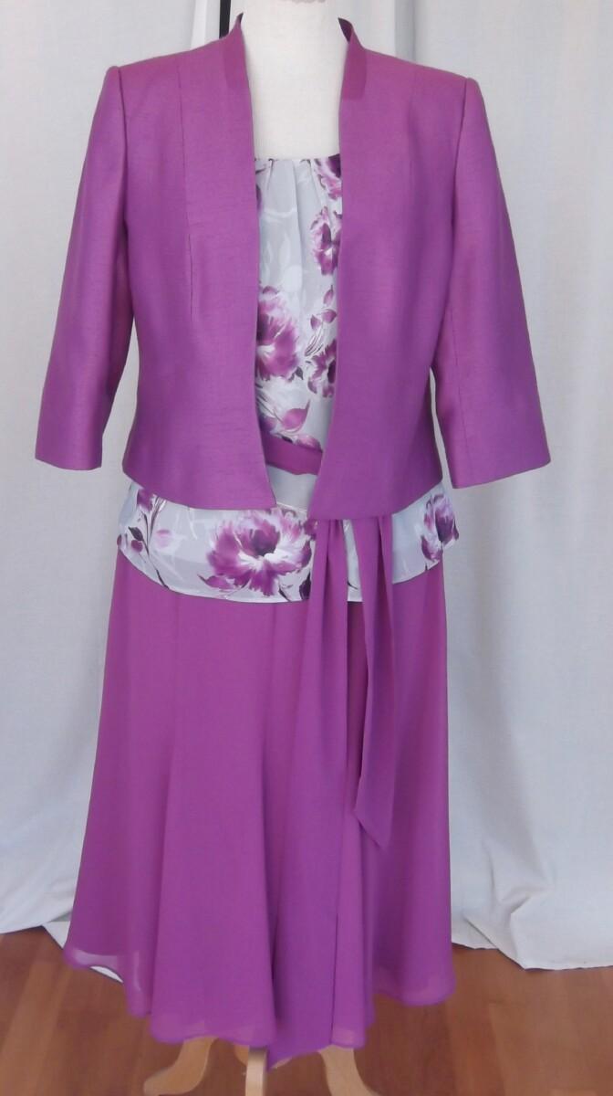Jacques Vert MAGENTA WOVEN JACKET & CREPE CHIFFON SKIRT WITH MAGENTA LACE TOP & SILVER GREY CREPE CHIFFON TOP MAGENTA PEONY PRINT OPTIONAL CHIFFON SASH