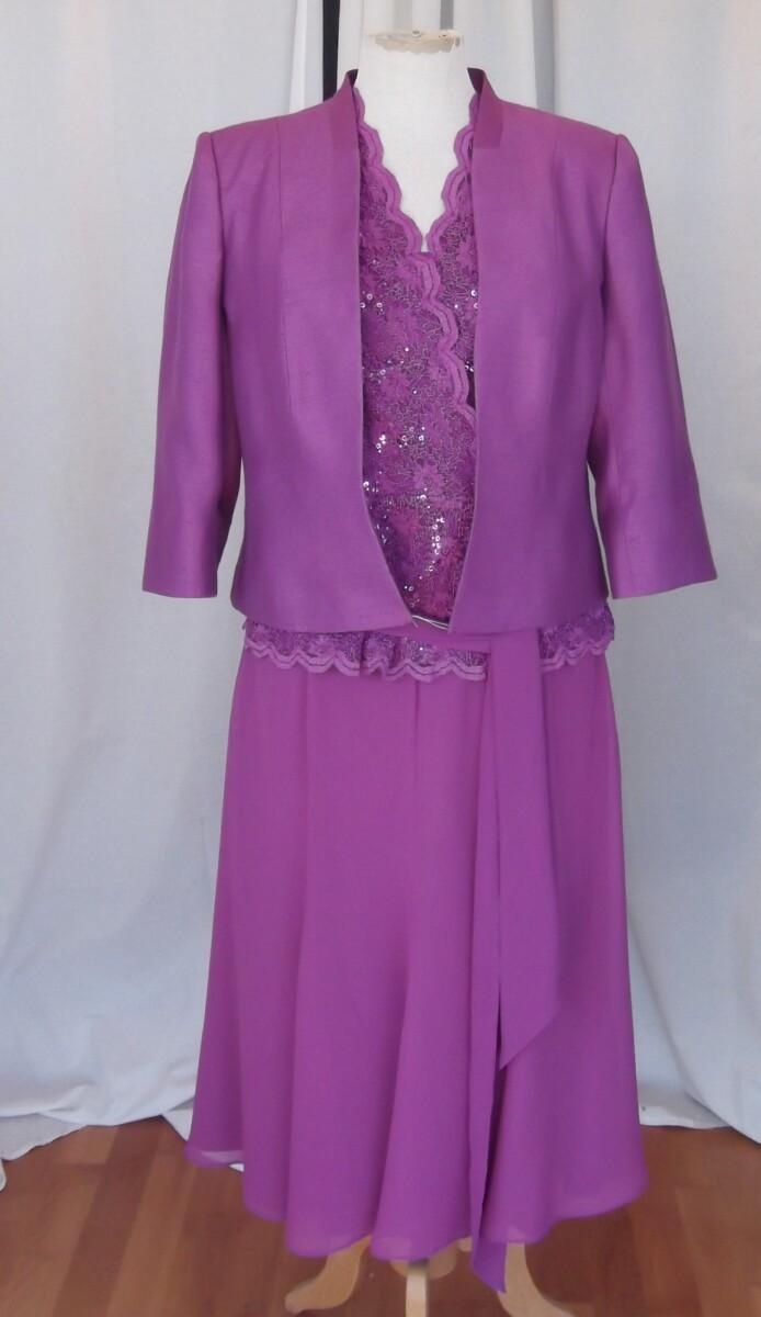 jacques vert MAGENTA WOVEN JACKET & CREPE CHIFFON SKIRT WITH MAGENTA LACE TOP & SILVER GREY CREPE CHIFFON TOP MAGENTA PEONY PRINT OPTIONAL CHIFFON SASH