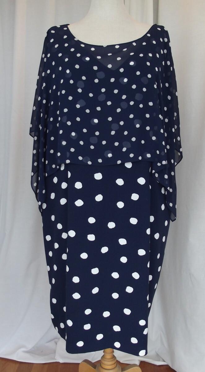 jacques vert MATCHING SLEEVELESS NAVY CREPE SHIFT DRESS LARGE RANDOM SPOT PRINT NAVY CHIFFON TOP SMALLER SPOT PRINT