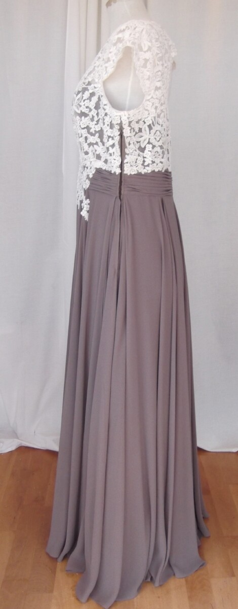 Jacques Vert MAXI DRESS Of IVORY LACE BODICE CAFE AU LAIT CHIFFON FLOOR LENGTH SKIRT
