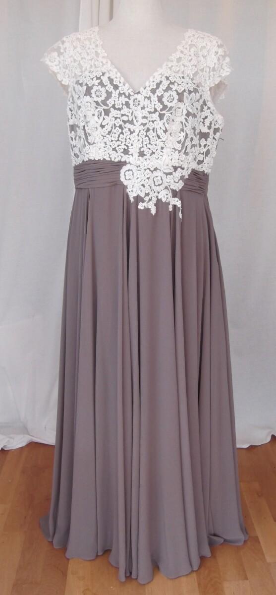 jacques vert MAXI DRESS of IVORY LACE BODICE CAFE AU LAIT CHIFFON FLOOR LENGTH SKIRT