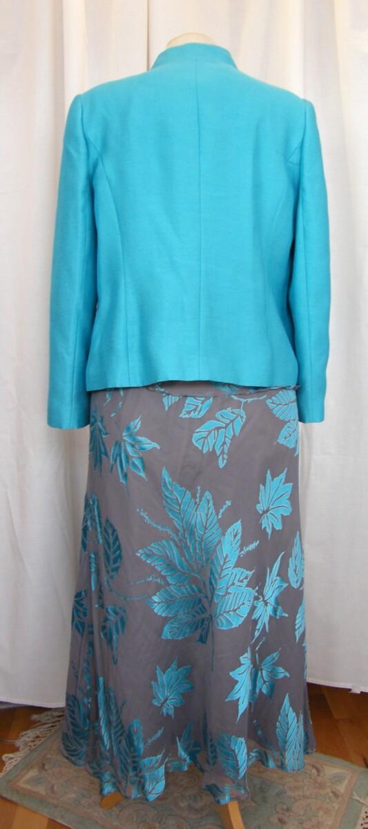 Jacques Vert METAL GREY & TURQUOISE RANGE 27% SILK DEVORE SKIRT & TOP & TURQUOISE SHANTUNG JACKET