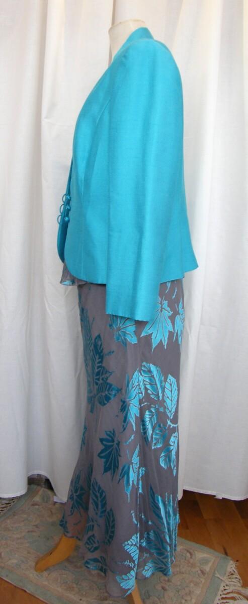 Jacques Vert METAL GREY & TURQUOISE RANGE 27% SILK DEVORE SKIRT & TOP & TURQUOISE SHANTUNG JACKET