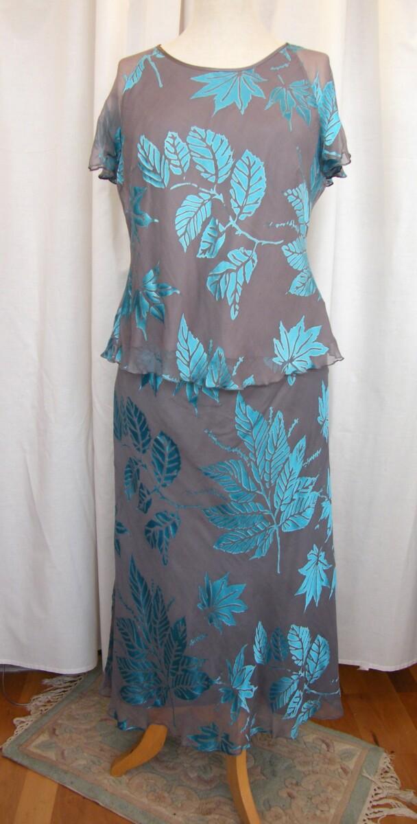 Jacques Vert METAL GREY & TURQUOISE RANGE 27% SILK DEVORE SKIRT & TOP & TURQUOISE SHANTUNG JACKET