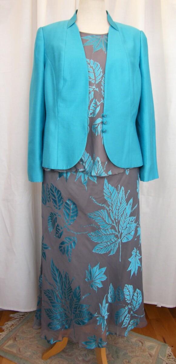 jacques vert METAL GREY & TURQUOISE RANGE 27% SILK DEVORE SKIRT & TOP & TURQUOISE SHANTUNG JACKET