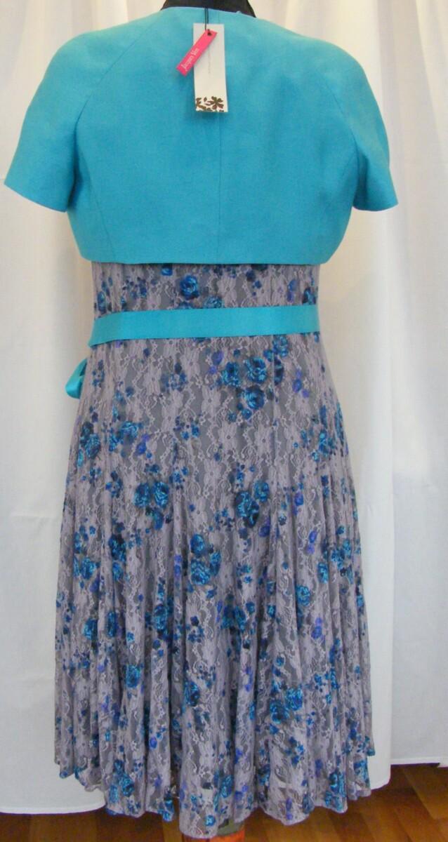 Jacques Vert METAL GREY & TURQUOISE RANGE GREY LACE DRESS BLUE FLOWER PRINT & TURQUOISE SHANTUNG SHORT JACKET